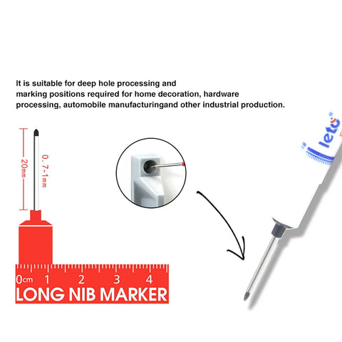 Real Deal Deep Hole Marker Pens 15 Pack Black Ink Long Neck Markers showing 20mm long nib for precision woodworking engineering.
