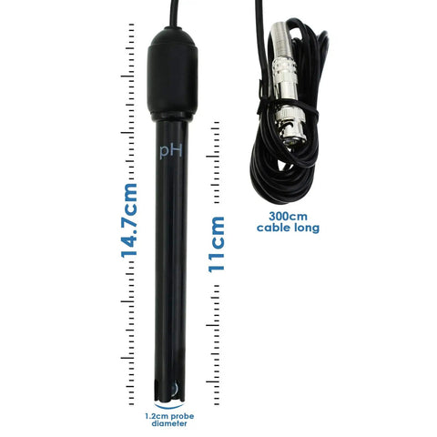 0-14 pH Electrode Probe With 300cm Cable And Replacement BNC Connector shown with measurements and coiled cable