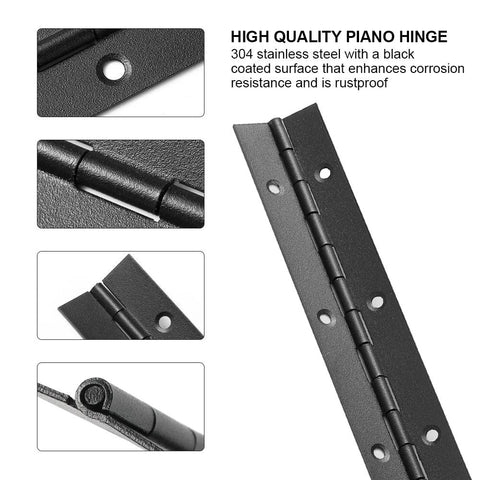 2 Pack 24 Inch Piano Hinge Stainless Steel Black Heavy Duty 304 Continuous Hinge with close-up of black coating and holes