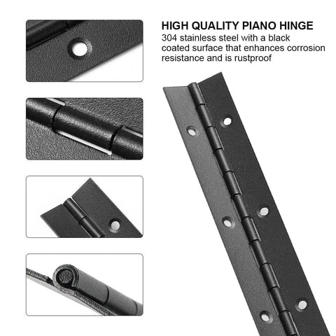 Killer Quality 36 Inch Heavy Duty Stainless Steel Piano Hinge In Sleek Black Finish showcasing rustproof 304 steel and mounting slots.