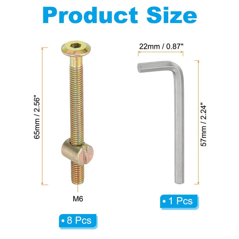 Beefy M6 X 65mm Bunk Bed Bolts Kit with 8 Hex Socket Screws, L-wrench, zinc color, durable furniture hardware sizes shown