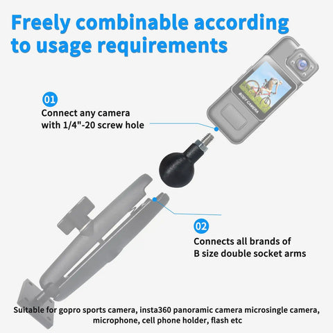 Diagram of Two Pack Universal Aluminum Ball Head Adapter For 25mm Mounts With One Quarter Inch Threaded Stud, showing camera connection.