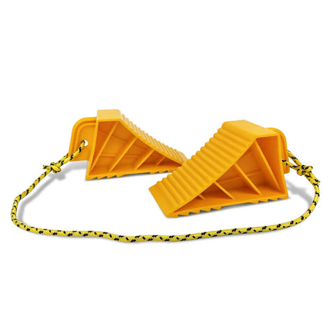 Heavy Duty Wheel Chocks For Rvs And Trailers, Non Slip Tire Stoppers With Durable Rope, yellow grooved blocks for RVs.