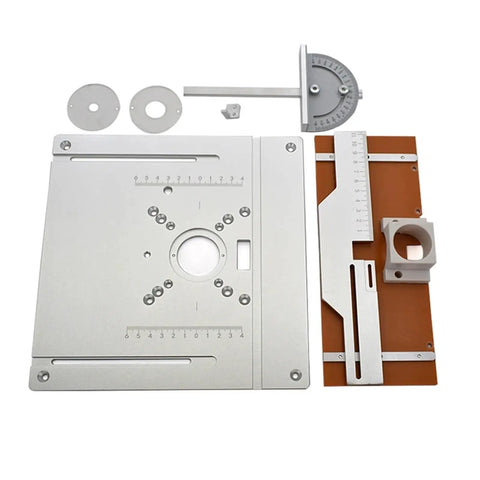 Rock Solid Aluminum Router Table Insert Plate With Precision Miter Gauge Guide Set, components showing precision engineering and sturdy design.
