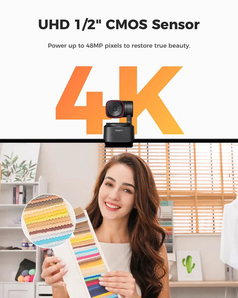 Badass 4k Streaming Webcam For Pc Gaming Featuring Smart Ai Auto Tracking And Rock Solid PTZ Motion Control Delivers Straight Fire Footage While Keeping Your Face In Focus During Any Live Session Online, showcasing a 4K cam with color swatches.