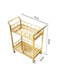 Rustic Industrial Bar Cart Rolling Serving Trolley With Three Tier Storage And Built In Wine Rack Smooth Glide Heavy Duty Wheels, gold frame, 74cm x 84cm x 35cm, ideal for parties.