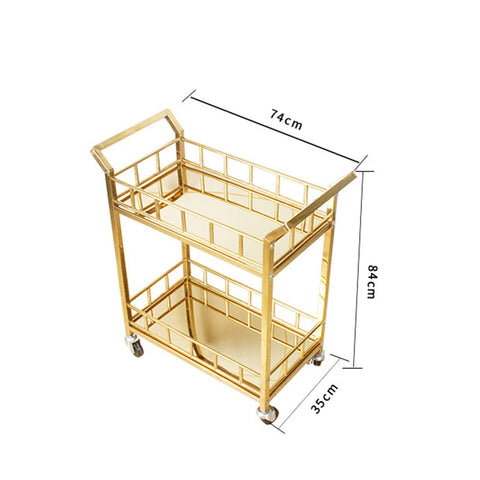 Rustic Industrial Bar Cart Rolling Serving Trolley With Three Tier Storage And Built In Wine Rack Smooth Glide Heavy Duty Wheels, gold frame, 74cm x 84cm x 35cm, ideal for parties.