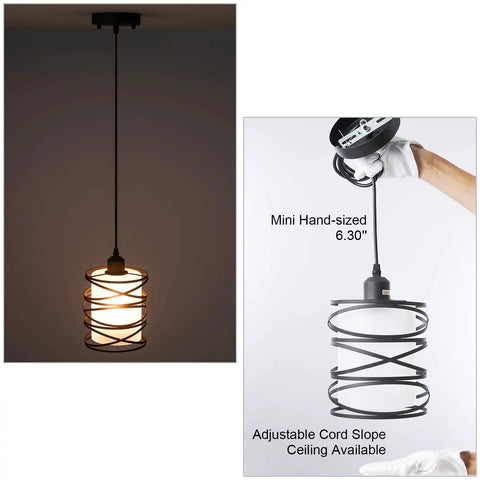 Sleek Modern Mini Pendant Light for Kitchen Island and Dining Room with 6.3 Inch Matte Black Spiral Cage and Handblown Frosted Glass