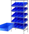 Boss Level Heavy Duty Garage Shelving Rack With 20 Angled Wire Utility Bins And Smooth Casters For No Sweat Tool Organization And Legit Shop Floor Storage In Vibrant Blue 18 By 36 By 74 Inches with blue bins and steel frame.