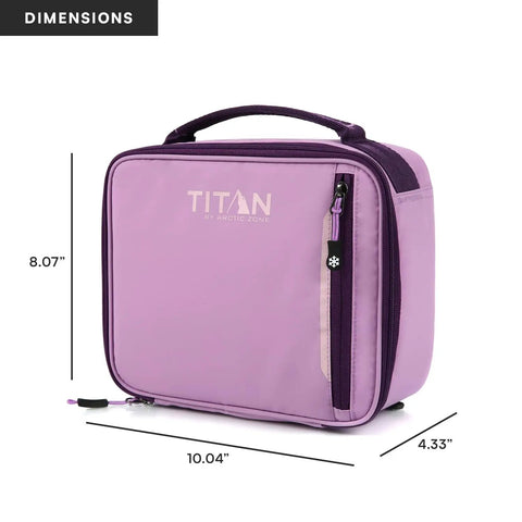 Keep Your Grub Fridge Cold All Day With This Straight Up Sweet Soft Sided Lunch Bag Featuring Double Ice Packs For Office Grind School Runs And Weekend Adventures In Smooth Lavender, showing dimensions of 10.04" x 8.07" x 4.33".