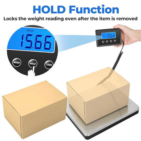 Rock Solid Digital Postal Scale For Packages Luggage And Mail displaying weight reading of 15.66 with tare hold function in use.