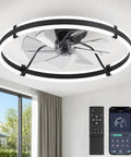 Modern 24 Inch Low Profile Ceiling Fan With Dimmable LED Light And Wireless Remote Slick Black Design in a bright room setting.