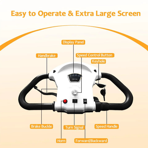 Heavy Duty Electric Golf Cart Passenger Cruiser easy to operate dashboard with handbrake, speed control, and display panel.