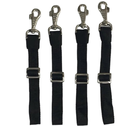 Adjustable black straps with metal clips for Top Shelf 1200D Horse Stall Guard With Adjustable Straps And Replaceable Black Hardware.