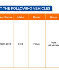 Compatibility chart for Front Wheel Hub And Bearing Assembly 518510 For Ford Focus 2000 To 2011 4 Lug Pattern Plug And Play Replacement.