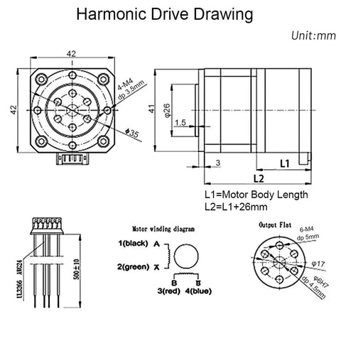 Technical drawing of Mini Harmonic Drive High Precision Strain Wave Gear Reducer Rotary Actuator Kit, dimensions and wiring details shown