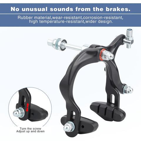 Aluminum Alloy Caliper Brake Set With Front And Rear Cables And Pads For Rim Brakes On Mountain Hybrid BMX And Cruiser Bikes Front And Rear Dual Central Spindle Design For More Sensitive Direct Braking Performance, close-up of dual spindle caliper and rubber brake pads.