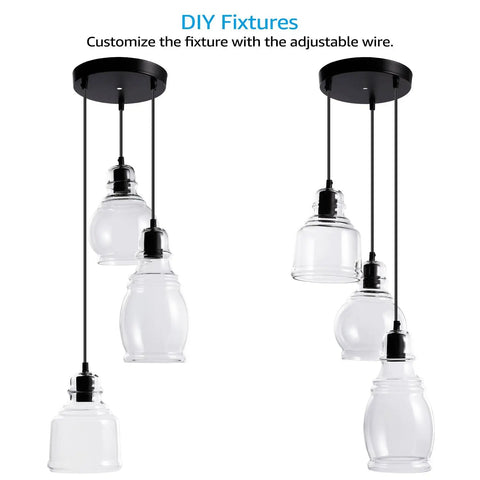 Cool Three Light Glass Pendant Cluster With Adjustable Height UL Listed For Kitchen Island Dining Room Bar Or Cafe Clear Glass Shades E26 Base Fits Three Up To 60W Bulbs.