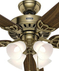 Close-up of 52 Inch Indoor Ceiling Fan With LED Lights In Antique Brass Quiet Operation, show five blades and pull chain.