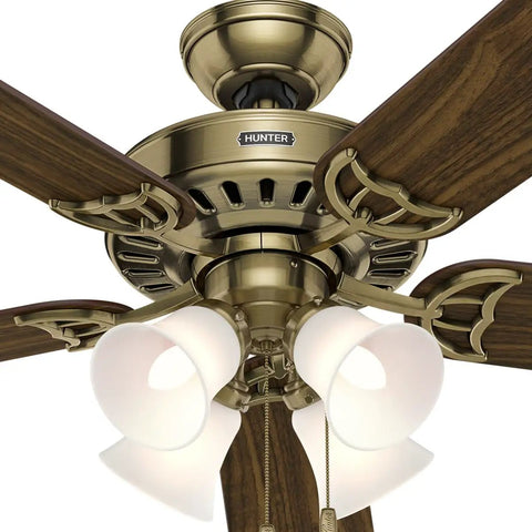 Close-up of 52 Inch Indoor Ceiling Fan With LED Lights In Antique Brass Quiet Operation, show five blades and pull chain.