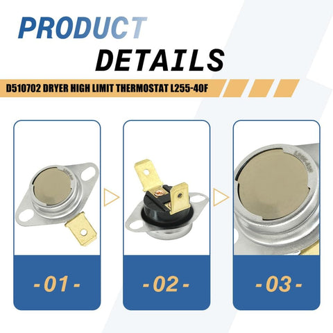 Product details of 2 Pack Dryer High Limit Thermostat L255-40F For 510702 Replacement, showing close-up of thermostat design and terminals