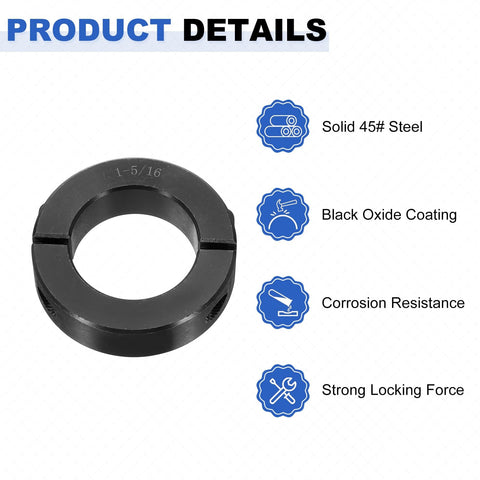 Four Pack Double Split Shaft Collar For 1-5/16 Inch Shaft, Two-Piece Clamping Collar, 2-1/8 Inch Outside Diameter, 9/16 Inch Width, Black Oxide Steel Lock Collar Clamp With Set Screw