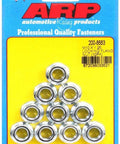 Set Of Ten M10 X 1.25 Locking Flange Nuts Forged From Heavy Duty Chromoly Steel Featuring A Top Shelf Serrated Flange And Cadmium Coating Perfect For Street Customs And Daily Drivers Built Rock Solid Made In Usa displayed on packaging.