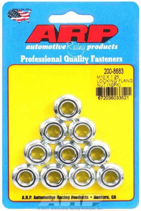 Set Of Ten M10 X 1.25 Locking Flange Nuts Forged From Heavy Duty Chromoly Steel Featuring A Top Shelf Serrated Flange And Cadmium Coating Perfect For Street Customs And Daily Drivers Built Rock Solid Made In Usa displayed on packaging.