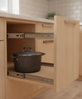 Rugged Metal Drawer Slides Twin Pack For Smooth Cabinet And Furniture Glide in black stainless steel, open kitchen drawer view.