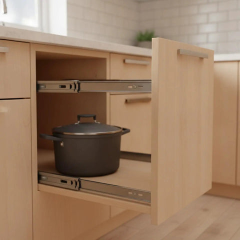 Rugged Metal Drawer Slides Twin Pack For Smooth Cabinet And Furniture Glide in black stainless steel, open kitchen drawer view.