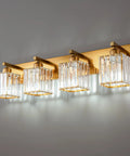 Four Light Vanity Light In Gold Brushed Brass Finish With Clear K9 Crystal For Bathroom Wall Sconce Lighting Modern Sleek Luxury Fixture Dope For Powder Room Or Spa Like Glow