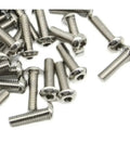 Close-up of titanium alloy button-head hex socket screws, assorted metric sizes (M2–M4).