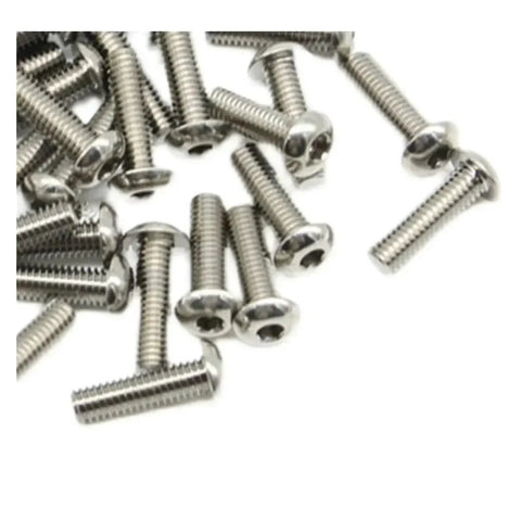 Close-up of titanium alloy button-head hex socket screws, assorted metric sizes (M2–M4).