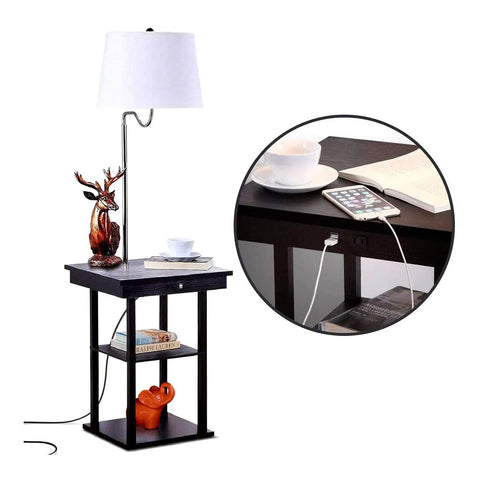 Space Saving Side Table With Built In Floor Lamp And USB Port, Nightstand And Desk Lamp Combo, Modern Black End Table With White Shade, Perfect For Small Bedrooms, Living Room Or Office