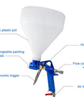 Heavy Duty Air Texture Gun For Drywall And Joint Compound Equipped With Three Swap Out Tips And A Roomy One Point Five Gallon Hopper with PVC pot and ergonomic trigger.