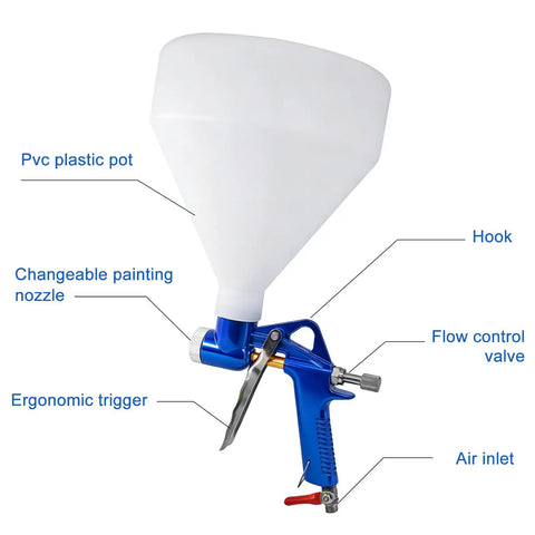 Heavy Duty Air Texture Gun For Drywall And Joint Compound Equipped With Three Swap Out Tips And A Roomy One Point Five Gallon Hopper with PVC pot and ergonomic trigger.