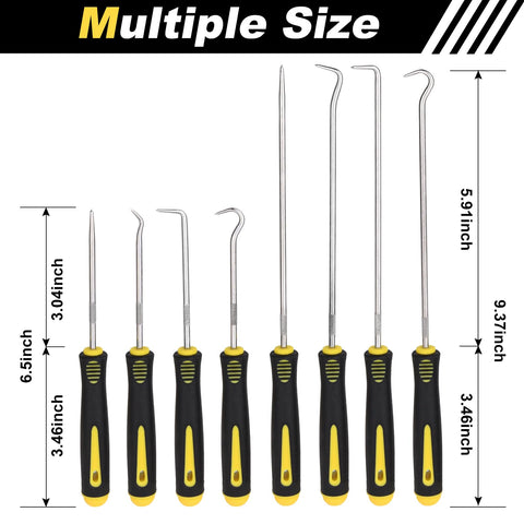 8 Piece Pick And Hook Tool Set For Auto Mechanics Built For Tough Jobs Precision Automotive Picks For Car Oil Seals Hose And Gasket Removal Puller Remover Kit Heavy Duty CRV Steel With Non Slip Grip, various sizes shown