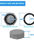 Dimensions of heavy-duty drain valve cap for Bestway and Coleman pools with rubber ring and plastic cover, 2-pack gray P01006.