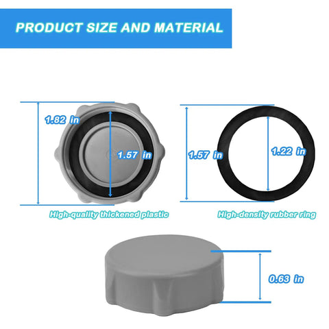 Dimensions of heavy-duty drain valve cap for Bestway and Coleman pools with rubber ring and plastic cover, 2-pack gray P01006.