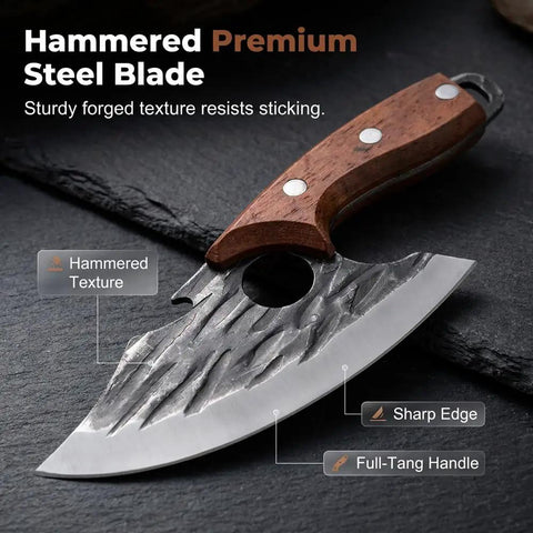 Close-up of hand forged cleaver with hammered texture from Two Pack Hand Forged Chef Knife And Cleaver Set For Home Cooking And Camping.