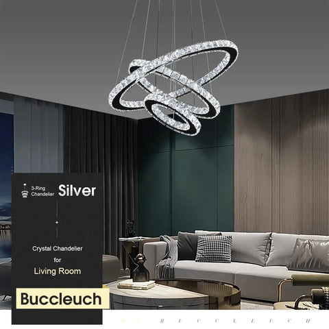 Modern LED Crystal Chandelier With Ring Lamp Body Dimmable 6500K Cool White Hanging Crystal Wind Bell Look in living room