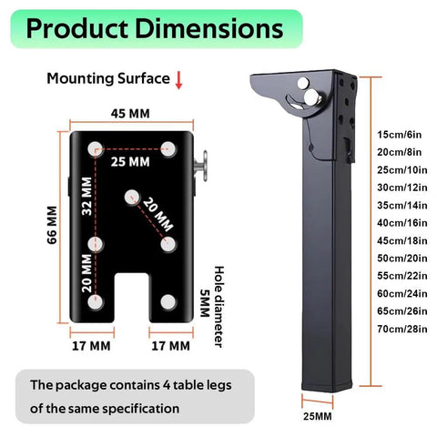 Dimensions of Heavy Duty Folding Table Legs 4-Pack, Metal Support For DIY Desks, Camping, Cabinets, 28 Inch Height, 70cm.