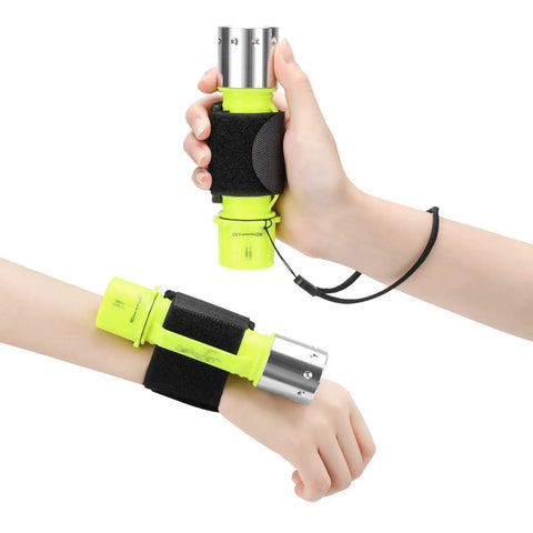 Diving Flashlight With Beast Bright LED Underwater Light For Scuba And Outdoor Adventures shown with hand strap and lanyard