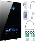 Top Shelf 14kW Electric Tankless Water Heater Pumping Out Quick 240V On Demand Hot Water At Two Point Eight Five Gpm With Lightning Fast Heating And Zero Wait Times For Kitchen Uses, black design with digital display and installation accessories.