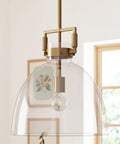 Leigh Pendant Light With Oversized Glass Shade And Adjustable Cord, Dope Vintage Brass Ceiling Fixture For Kitchen Island Or Entryway, Clear Glass Modern Vibe