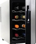 8 Bottle Thermoelectric Wine Cooler Freestanding Fridge With Touch Screen Controls open showing bottles inside