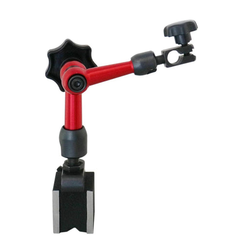Dial indicator stand with red articulated arm and black magnetic base