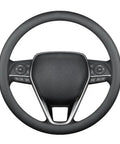 Top Shelf Nappa Leather Steering Wheel Cover For Cars Universal Fit Non Slip Grip Breathable Comfort showing a black steering wheel from above.