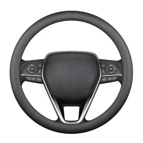 Top Shelf Nappa Leather Steering Wheel Cover For Cars Universal Fit Non Slip Grip Breathable Comfort showing a black steering wheel from above.