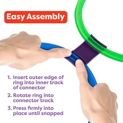 Easy assembly of Hopscotch Rings Game Kit With Ten 11 Inch Plastic Rings And Fifteen Connectors, showing hands connecting rings.
